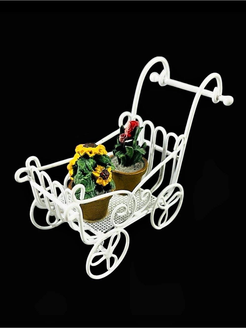 Vintage Miniature Doll House White Wire Flower Cart Two Pots Moveable Wheels 3pc